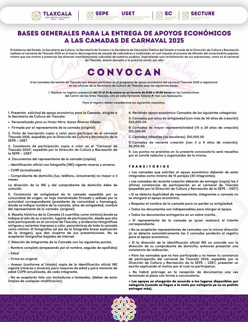 Convocatoria para el Apoyo Económico a Camadas de Carnaval Tlaxcala 2025 3 CONVOCATORIA Apoyo Económico a Camadas de Carnaval Tlaxcala 2025