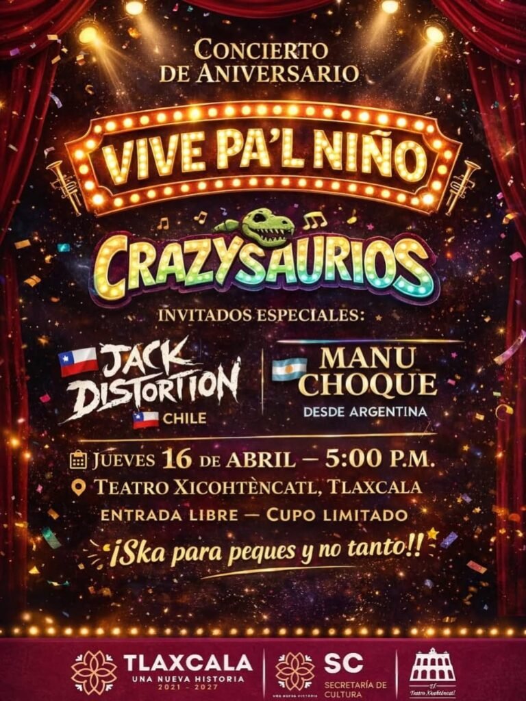 Crazysaurios en el Jardín Botánico de Tizatlán: Día del Niño 2026 en Tlaxcala con Rock y Ska para las infancias 3 ✨CONCIERTO DE ANIVERSARIO ✨🦖 @crazysaurios.oficial 🎸 @jack distortion 🥁 @manuchoquee 🎤🎶 pre-