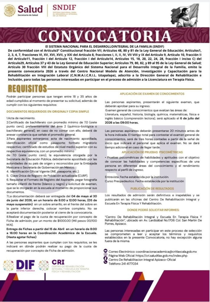 Convocatoria 2026: Licenciatura en Terapia Física del CRI Apizaco