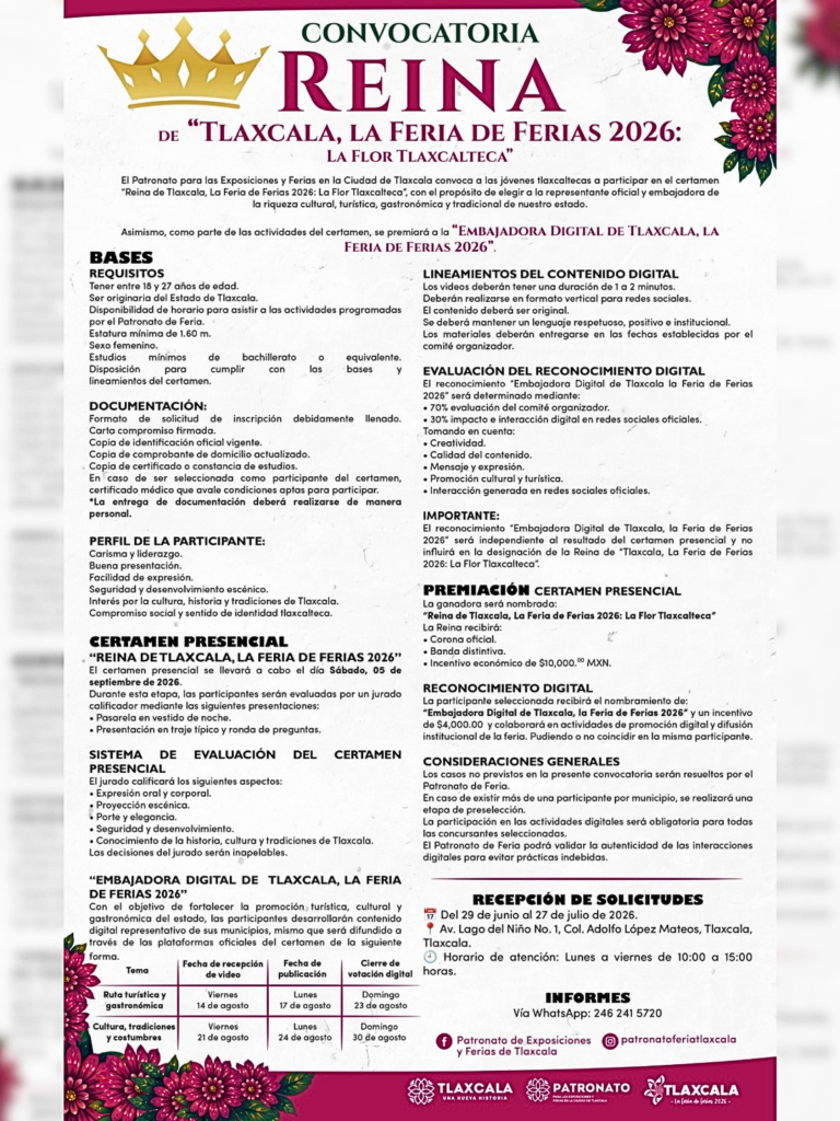 Convocatoria Reina de Tlaxcala, la Feria de Ferias 2026: La Flor Tlaxcalteca 2 Convocatoria Reina de Tlaxcala, la Feria de Ferias 2026